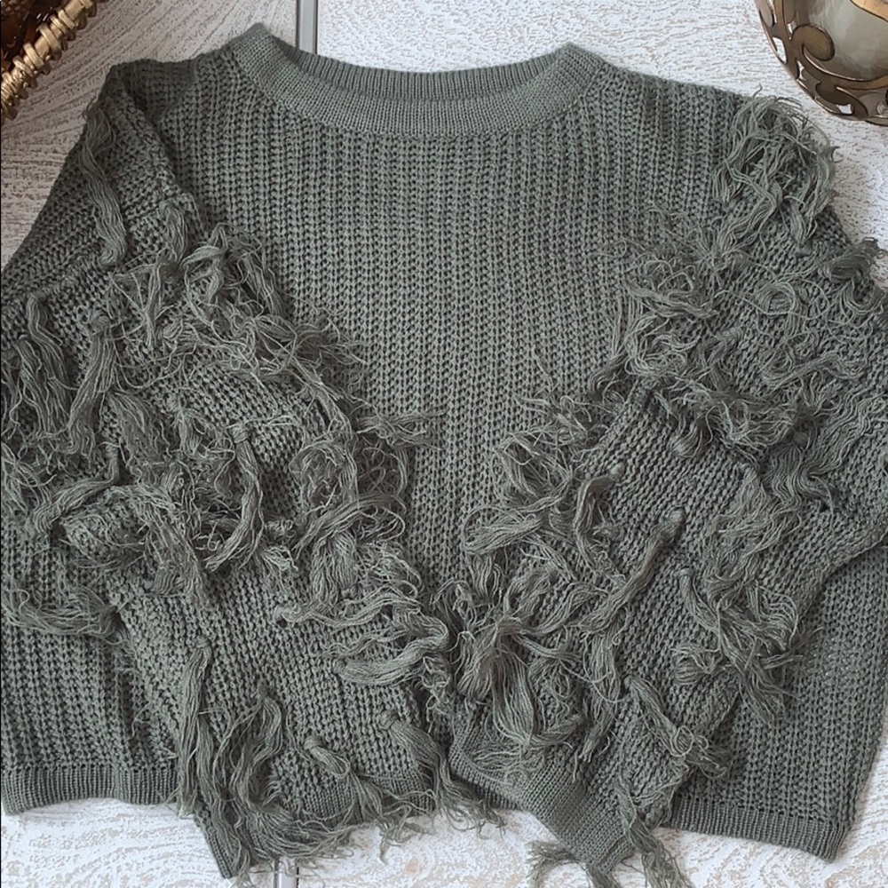 Oversized Drop Shoulder Fringe Trim Sweater